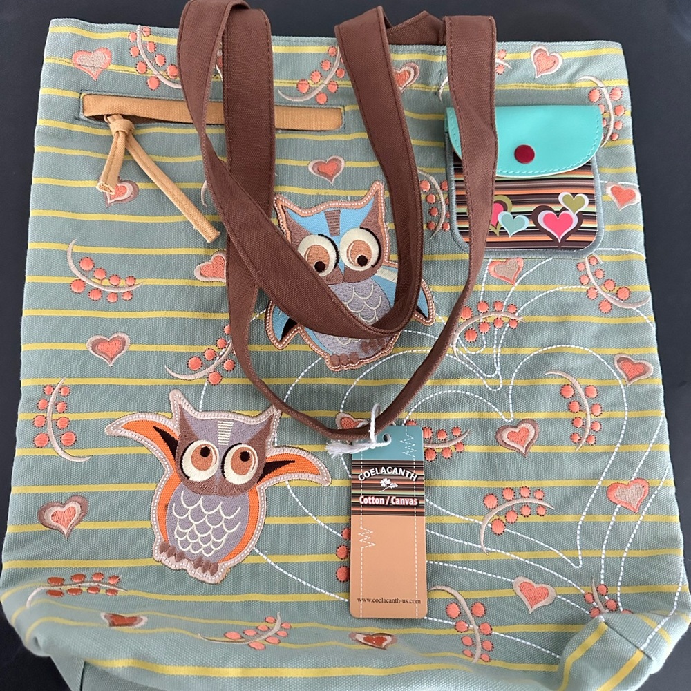 Embroidered Owl Canvas Tote Bag - Green and Brown